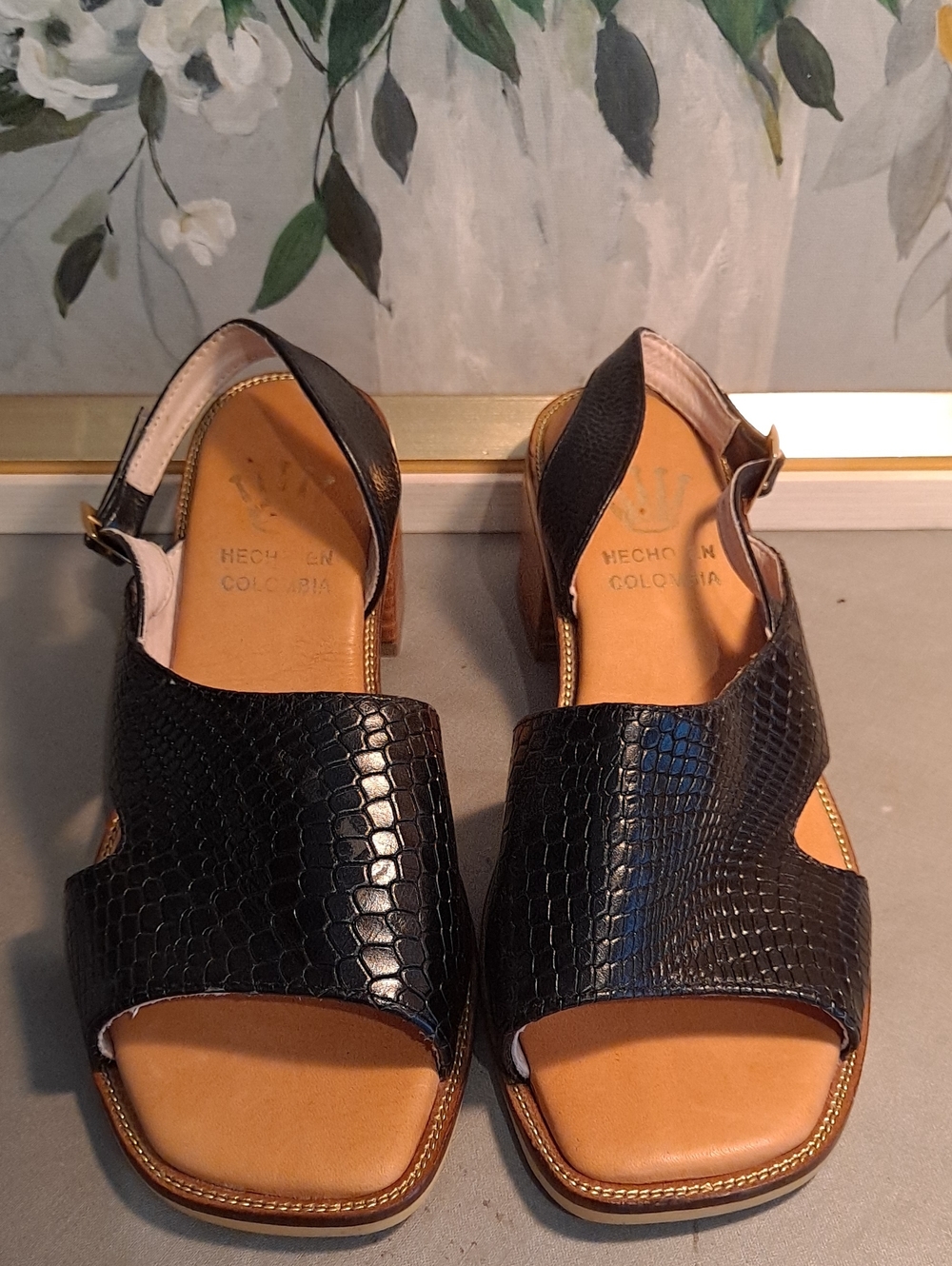 Columbia Handmade Black Texture Open-Toe Slingback Sandal Block Heel Leather 7.5